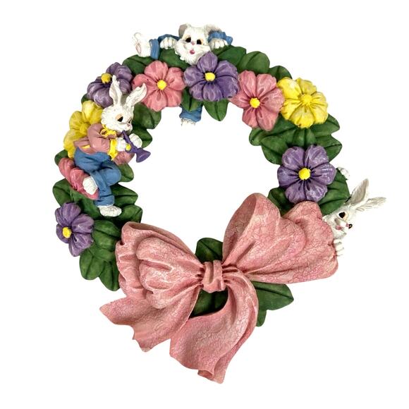 This York Resin Easter Wreath with Bunny Rabbits Vintage 1995 in Original Box - Picture 4 of 12